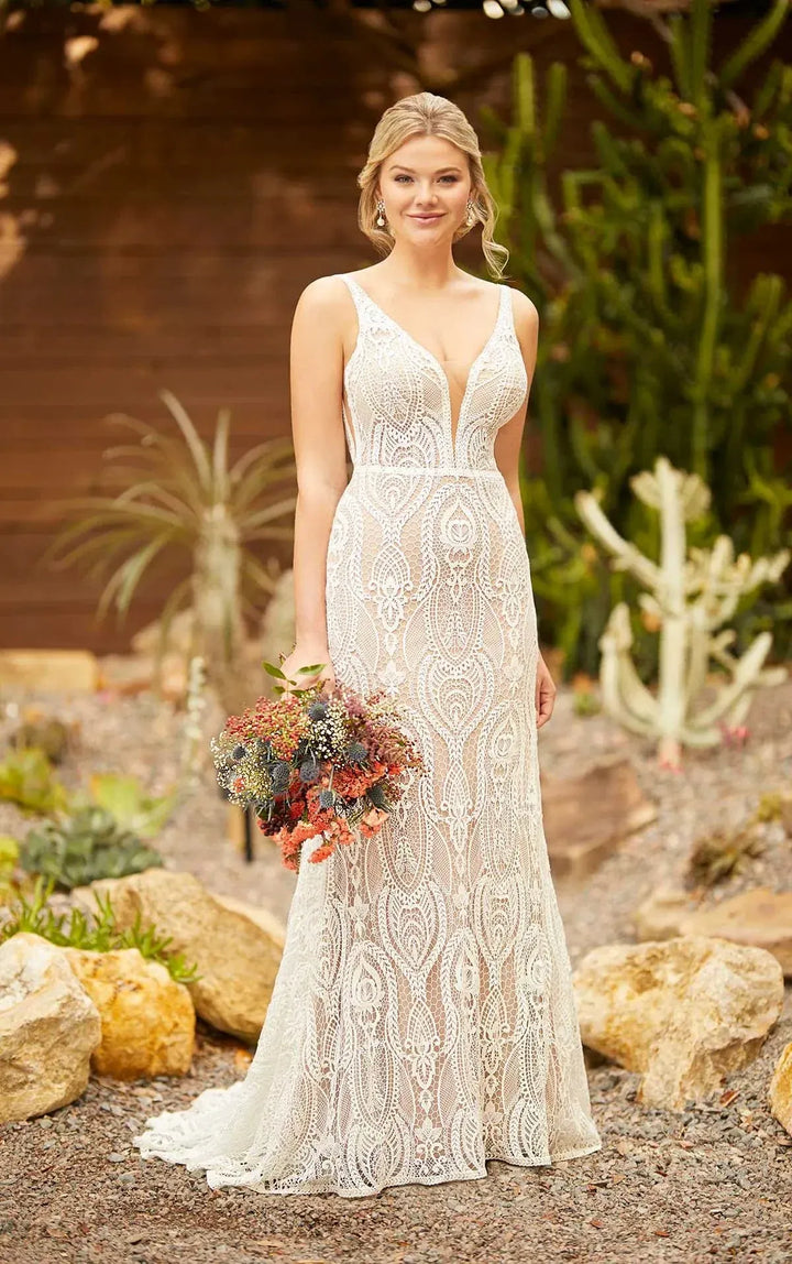 full front of essense d3202 champagne lace sheath wedding dress with a deep v neckline and unique lace pattern