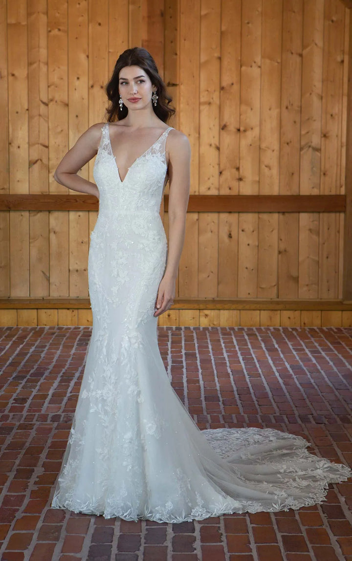 full front of essense d3657 ivory lace fitted wedding dress with a V neckline and slim skirt