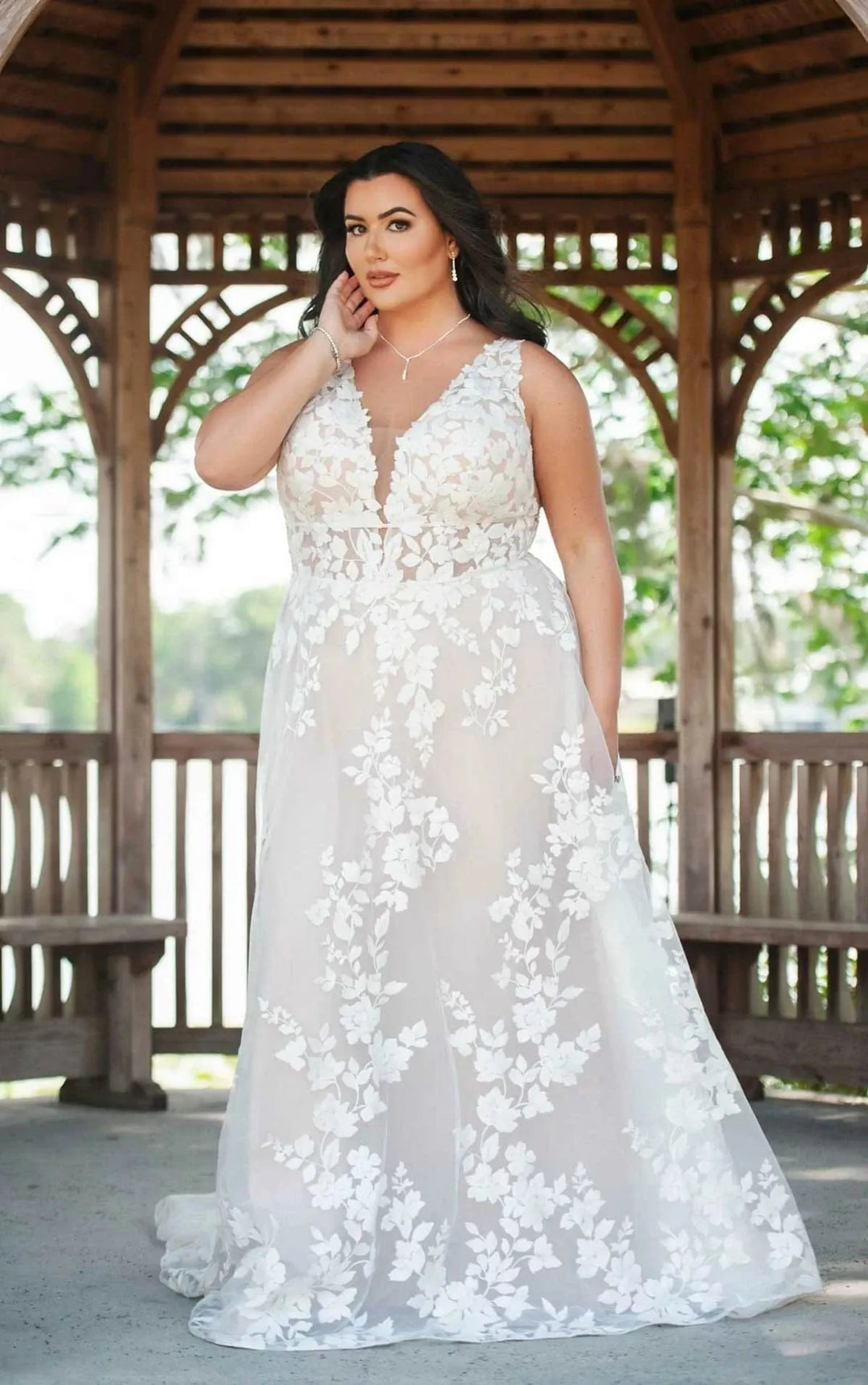 front of essense d3783 champagne tulle a-line wedding dresswith scattered floral lace appliques and a deep v neckline