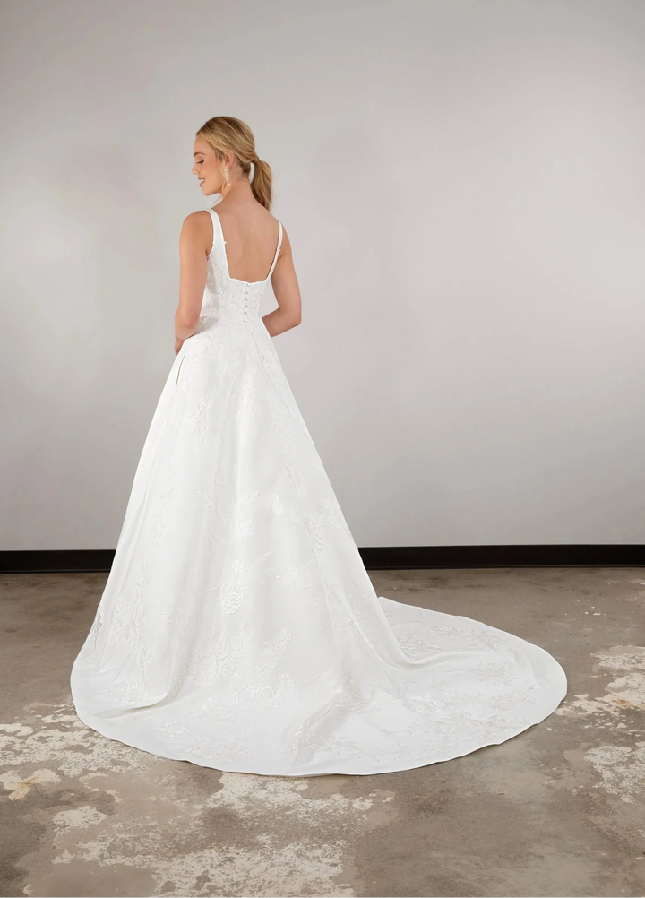 full back of essense of auatralia d3965 ivory satin a-line wedding dress with a square back and chapel length train