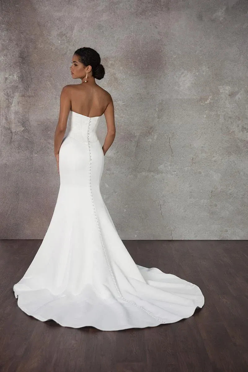 back of essense d4115 satin ivory fit and flare wedding dress with covered buttons down the back and train