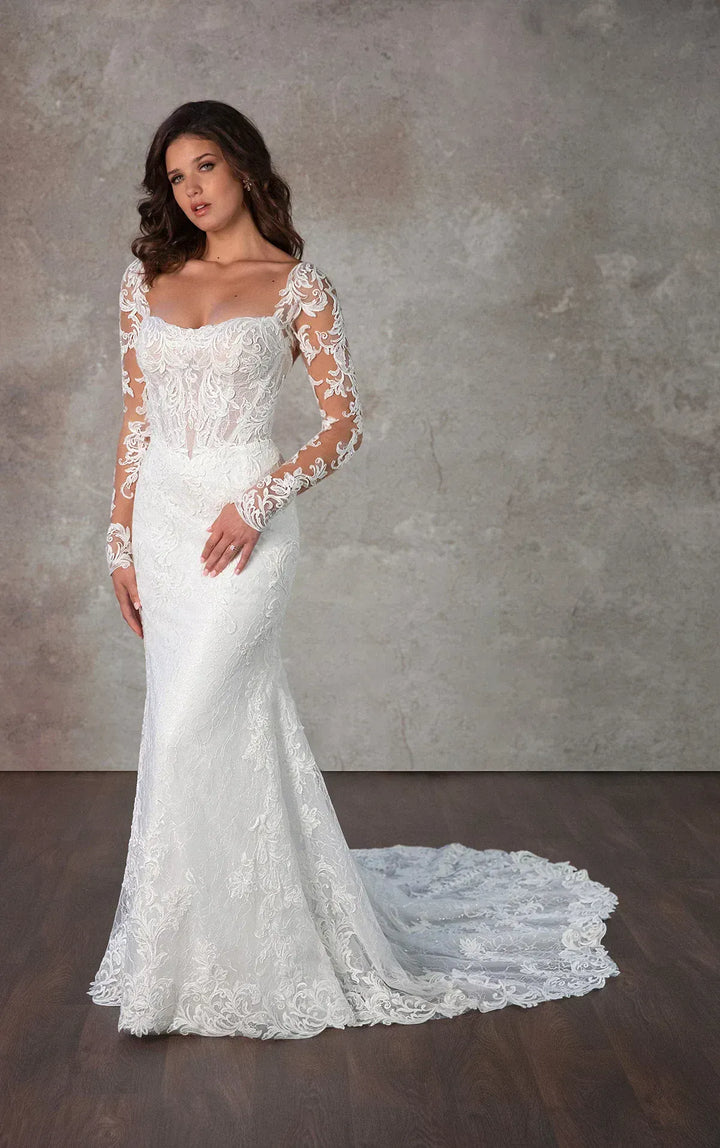 full front of essense d4172 ivory lace sheath wedding dress with long sleeves and a shaped train