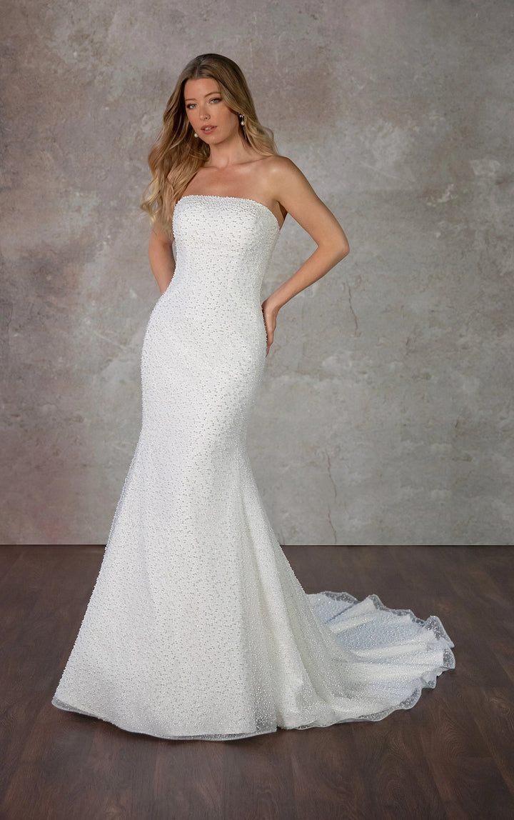 front of essense of australia d4182 ivory beaded fit and flare wedding dress with strapless straight neckline