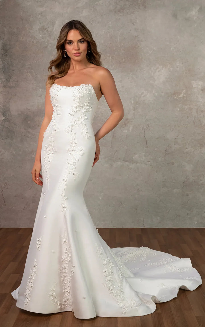 full front of essense d4257 ivory mikado fit and flare wedding dress featuring dimensional floral accents