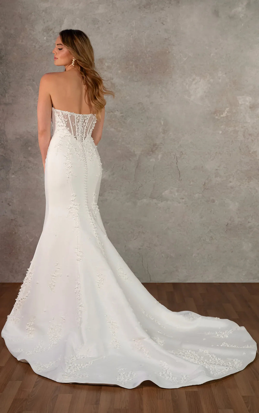 full back of essense d4257 ivory mikado fit and flare wedding dress featuring dimensional floral accents