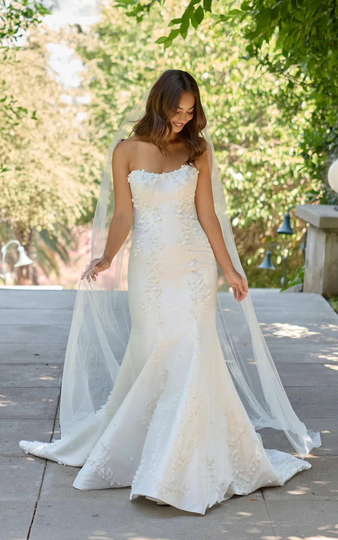 full front of essense d4257 ivory mikado fit and flare wedding dress featuring dimensional floral accents