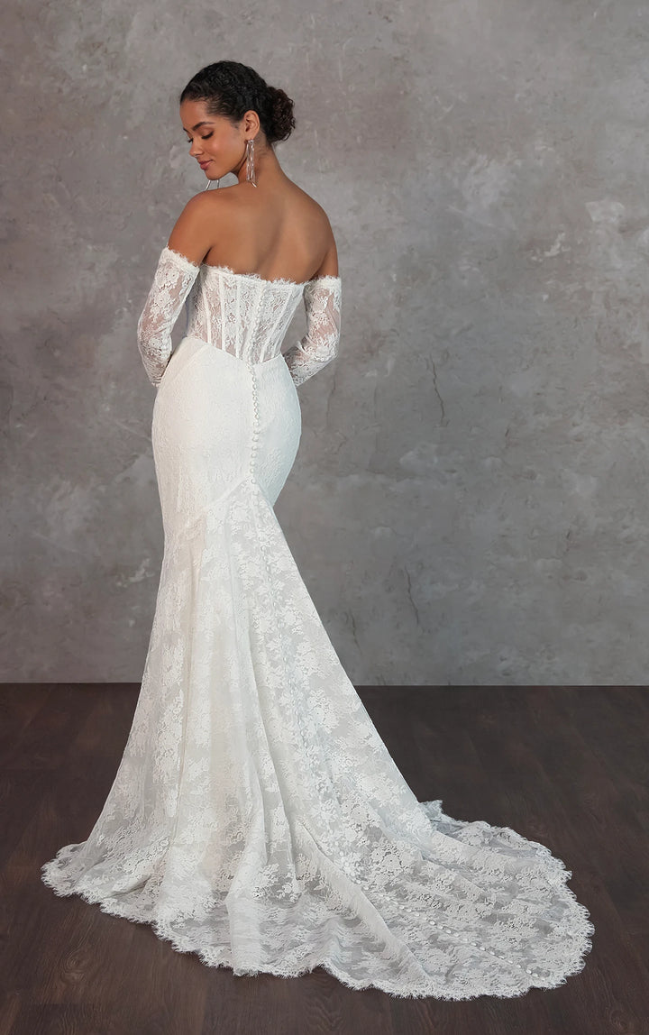 back of essense of australia d4287 ivory lace fitted wedding dress, showing the full back with buttons down the skirt and a shaped lace train