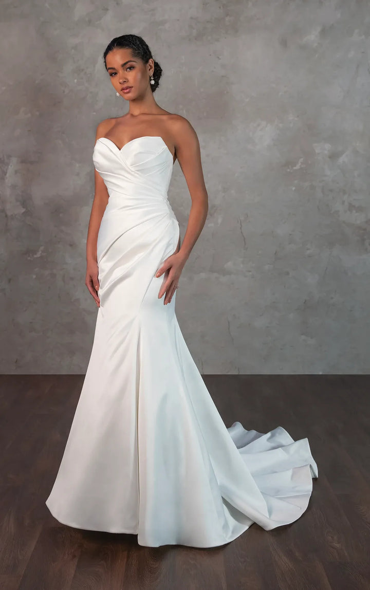 full front of essense of australia d4300 ivory satin fitted wedding dress featuring a matching overskirt, shown without the overskirt