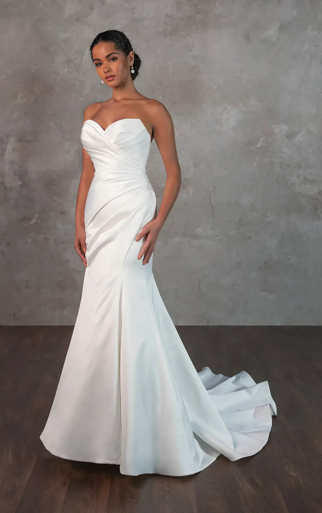 front of essense d4300 ivory satin fitted wedding dress, shown without the matching overskirt