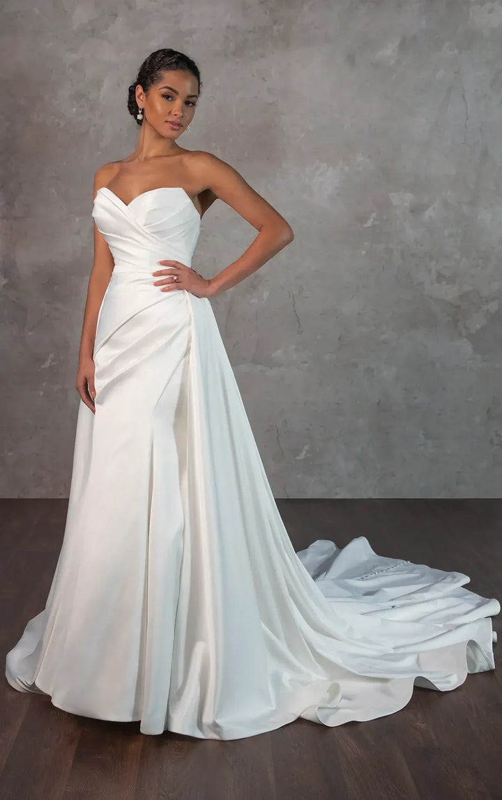 front of essense d4300 ivory satin fitted wedding dress with a matching satin overskirt
