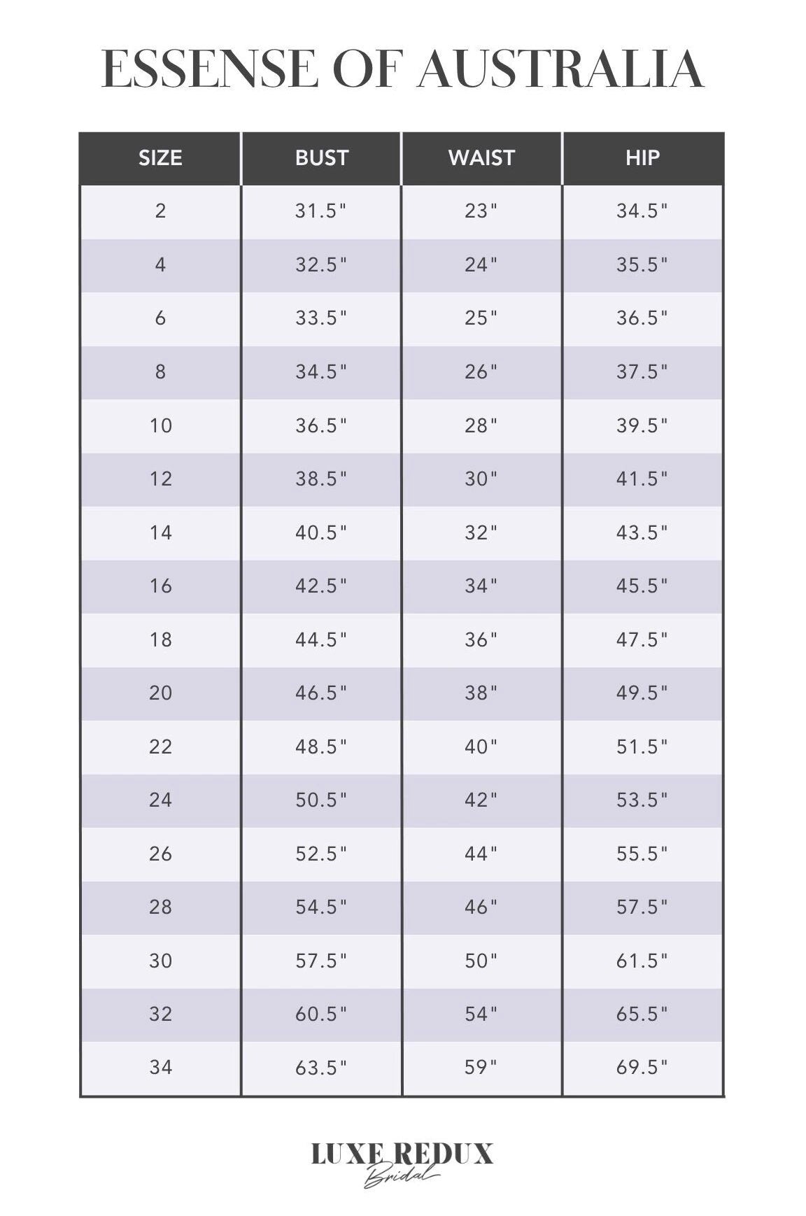 Essense of Australia D3340 - Size 24 Size Chart