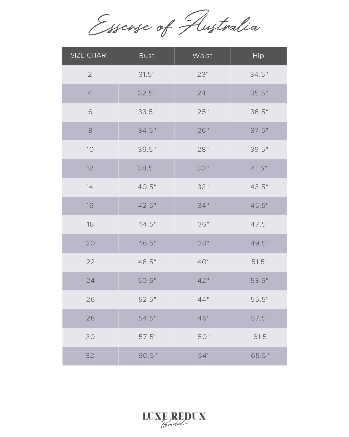 Essense of australia wedding dress size chart