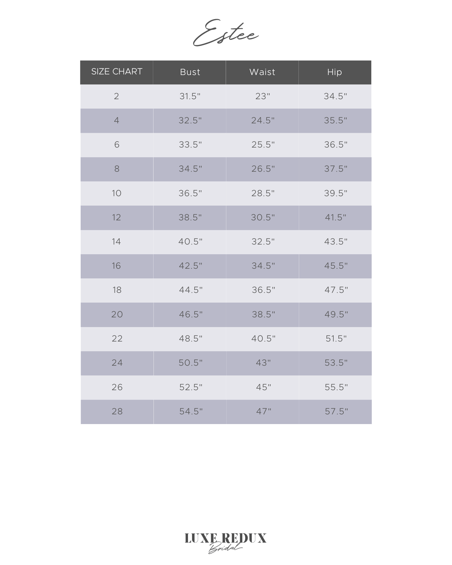 Estee Couture Kelly - Size 12 Size Chart