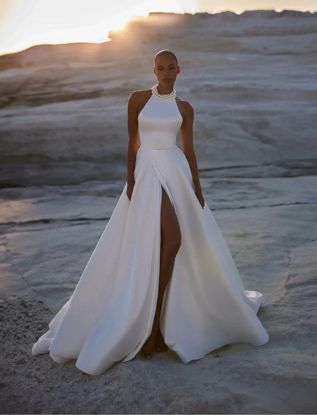 white halter top wedding dress Juliette Satin | Made-To-Order The white color radiates purity and grace Halter Neck Satin Wedding Dress
