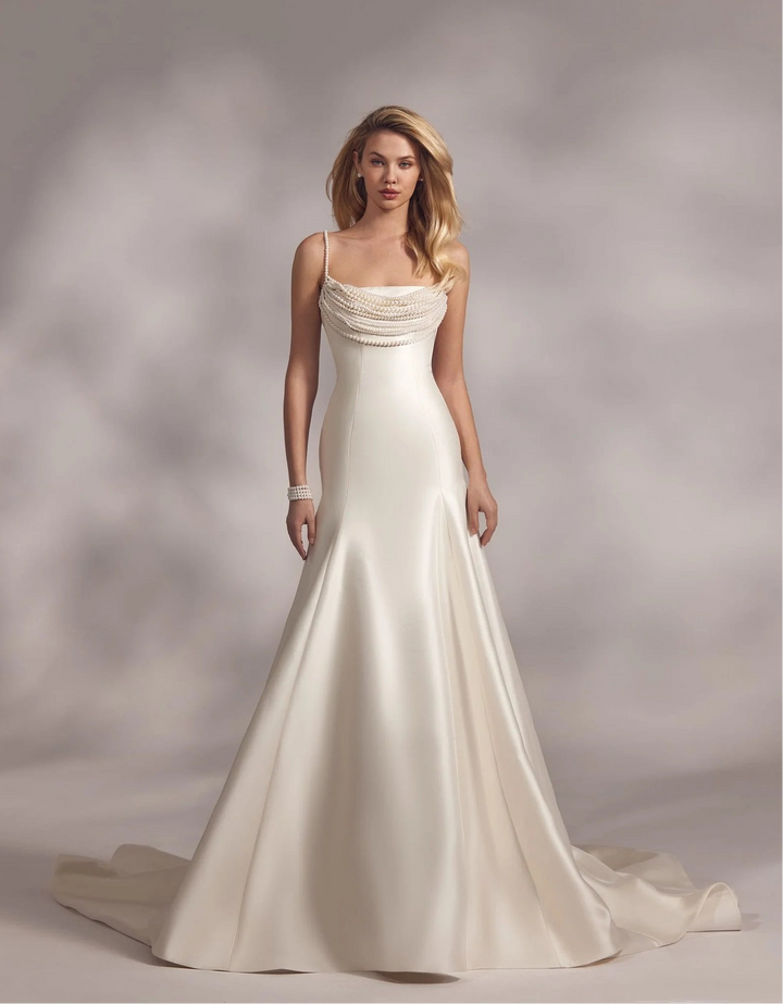 front of eva lendel ora ivory satin fitted wedding dress with beaded details on the neckline