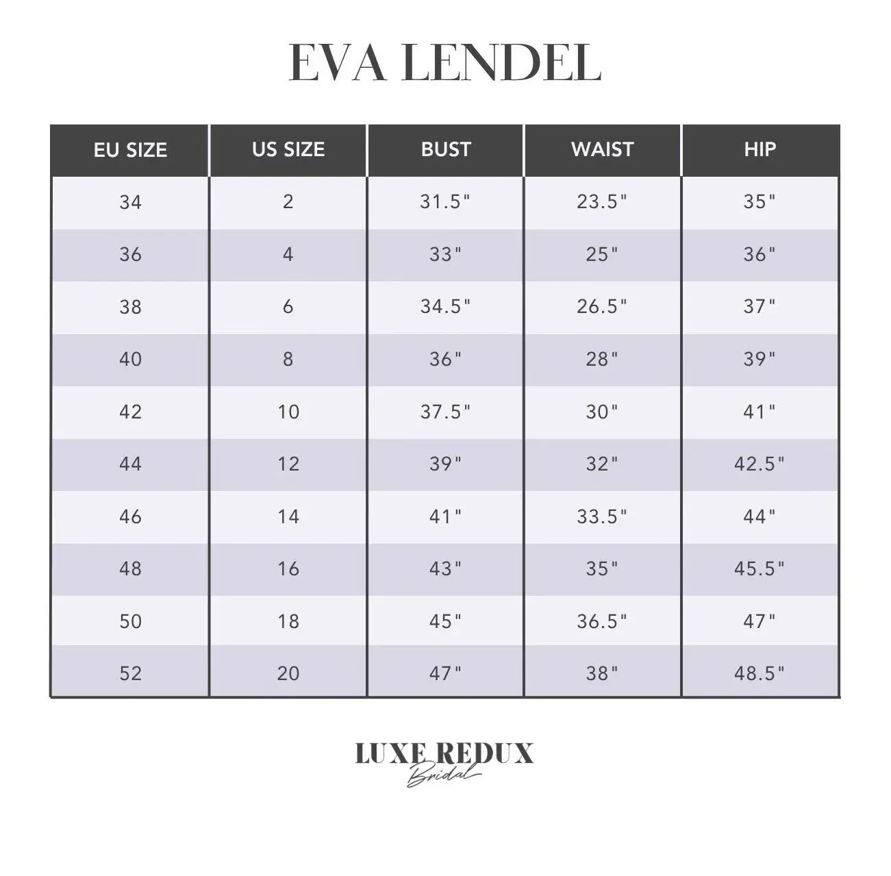 Eva Lendel Este - Size 10 Size Chart
