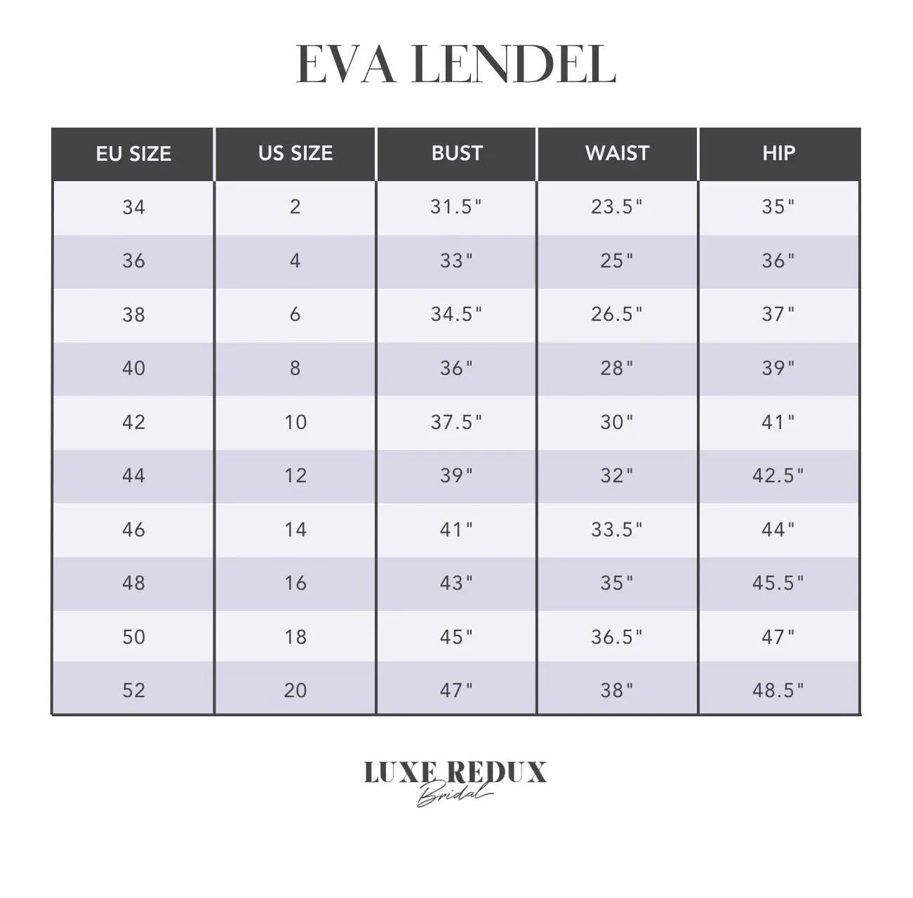 Eva Lendel Valentina [Gown Only] - Size 10 Size Chart