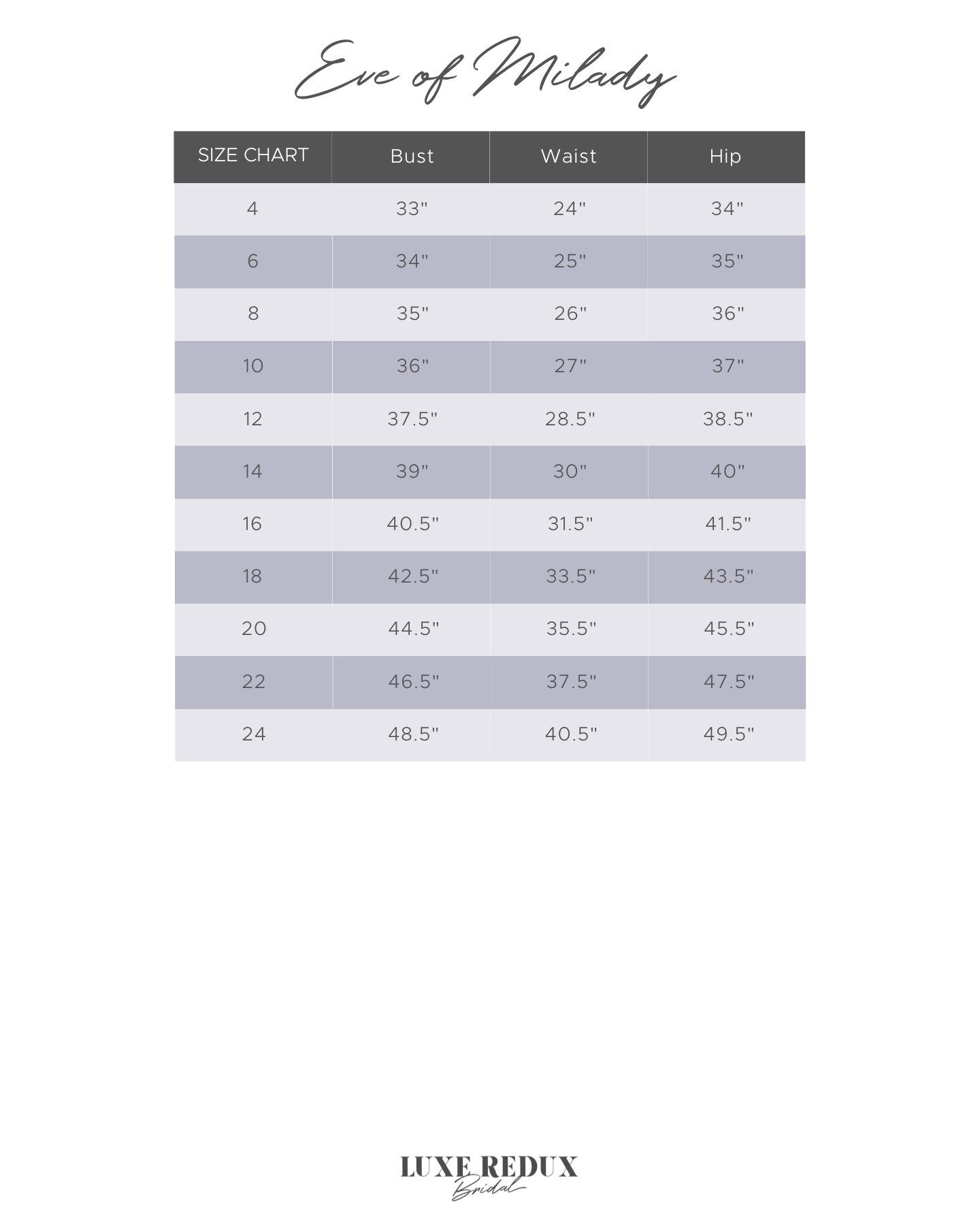 Eve of Milady 4379 - Size 14 Size Chart