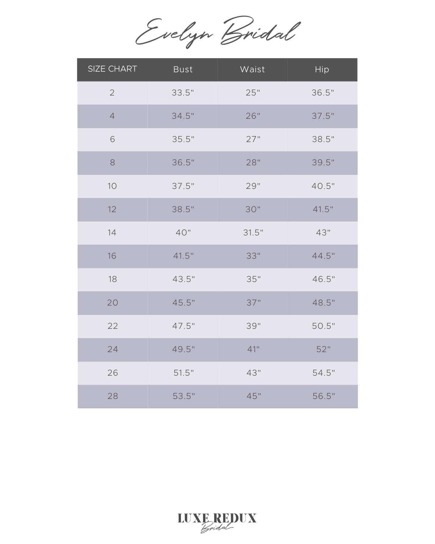 Evelyn Bridal Summer - Size 26 Size Chart