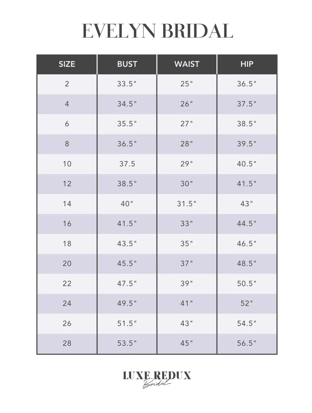 Evelyn Bridal Elliana - Size 16 Size Chart