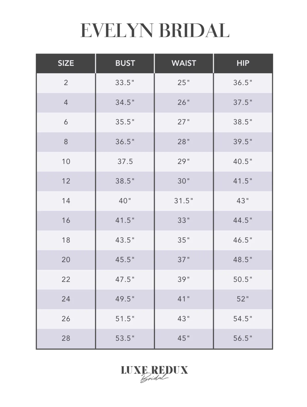 Evelyn Bridal Annabelle - Size 14 Size Chart