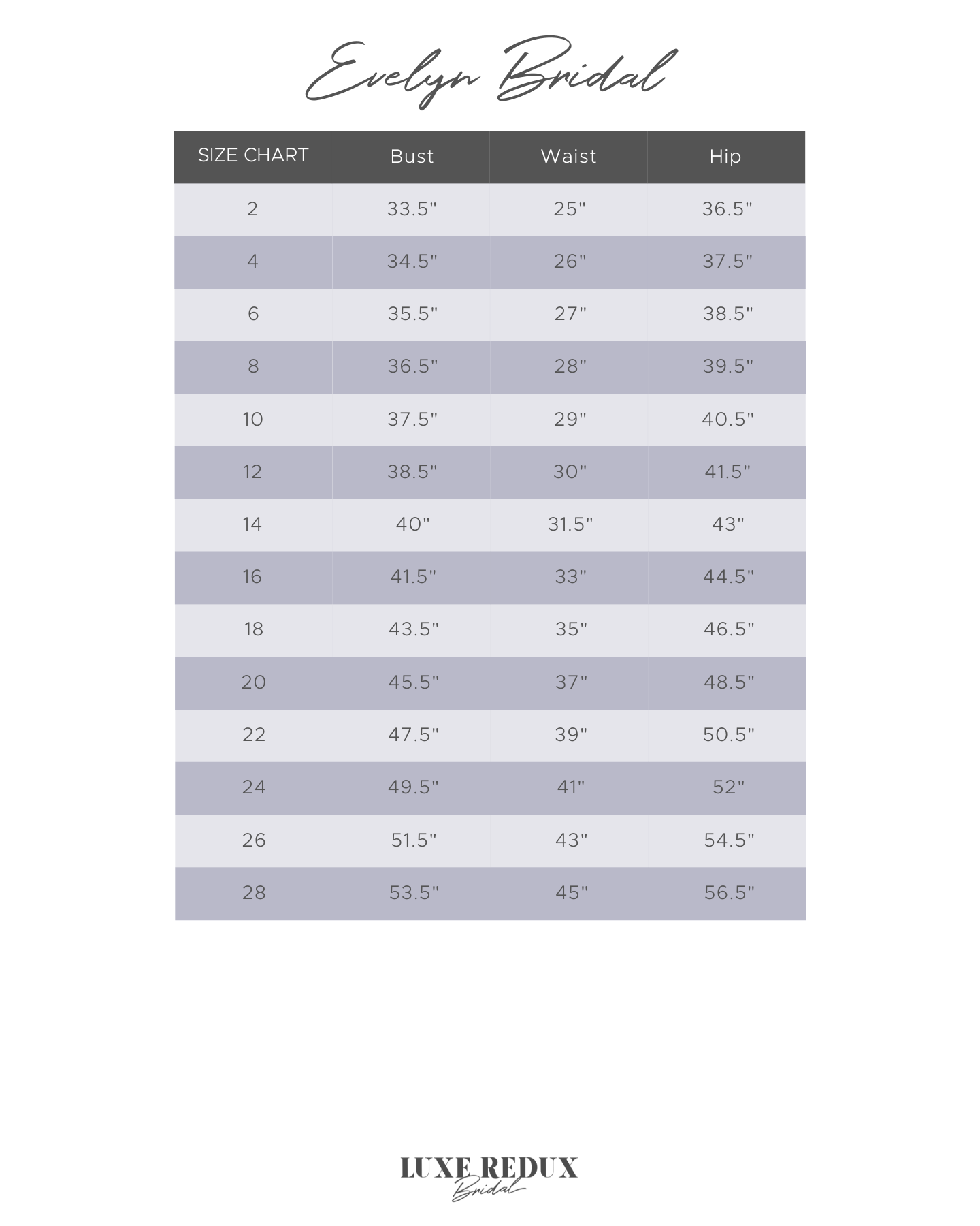 Evelyn Bridal Sophia - Size 12 Size Chart