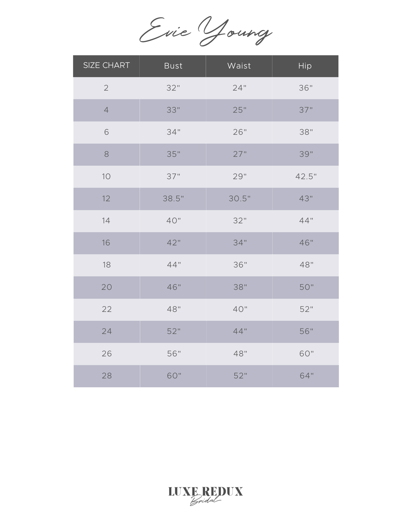 Evie Young Hayes - Size 18 Size Chart