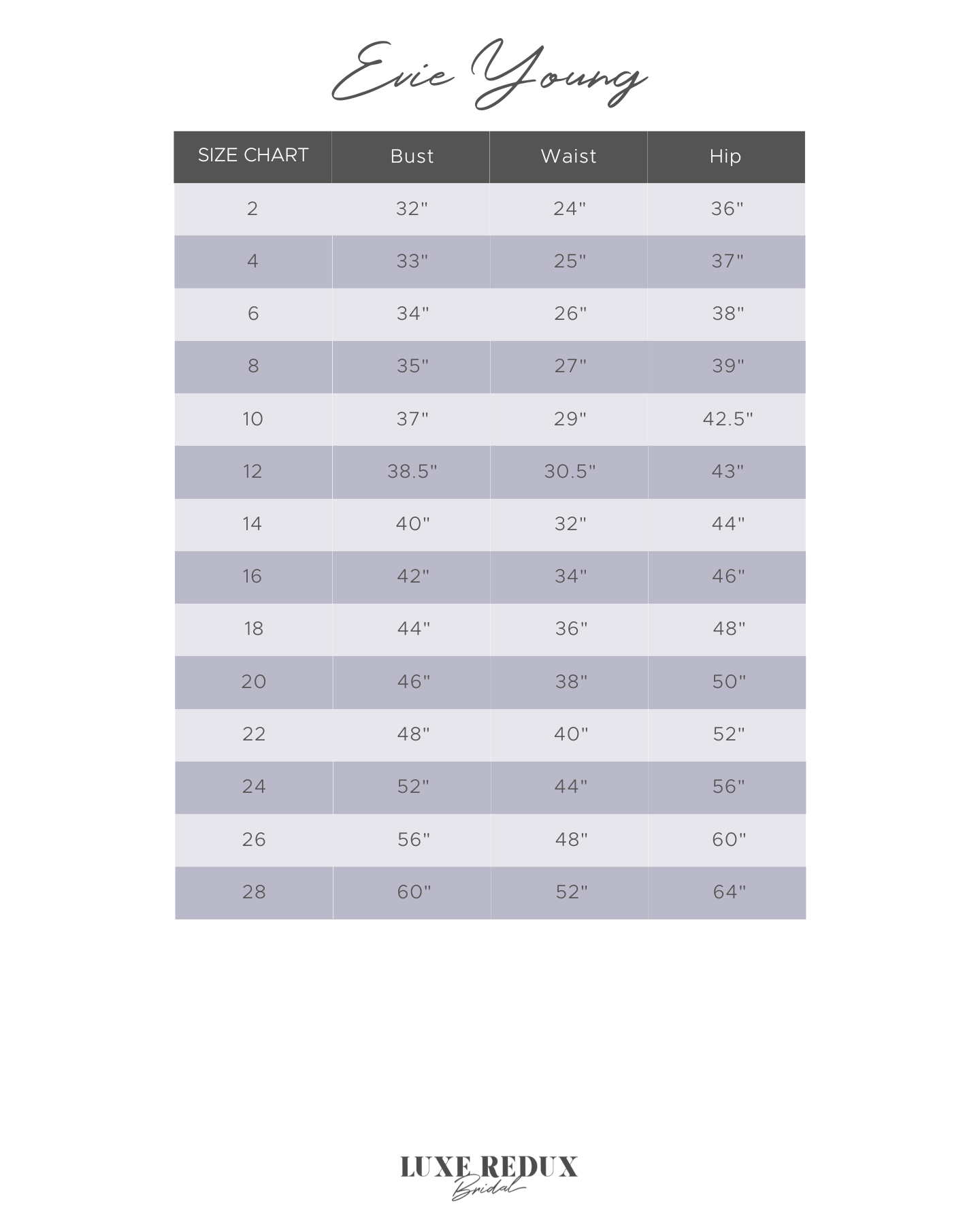 Evie Young Mira - Size 14 Size Chart