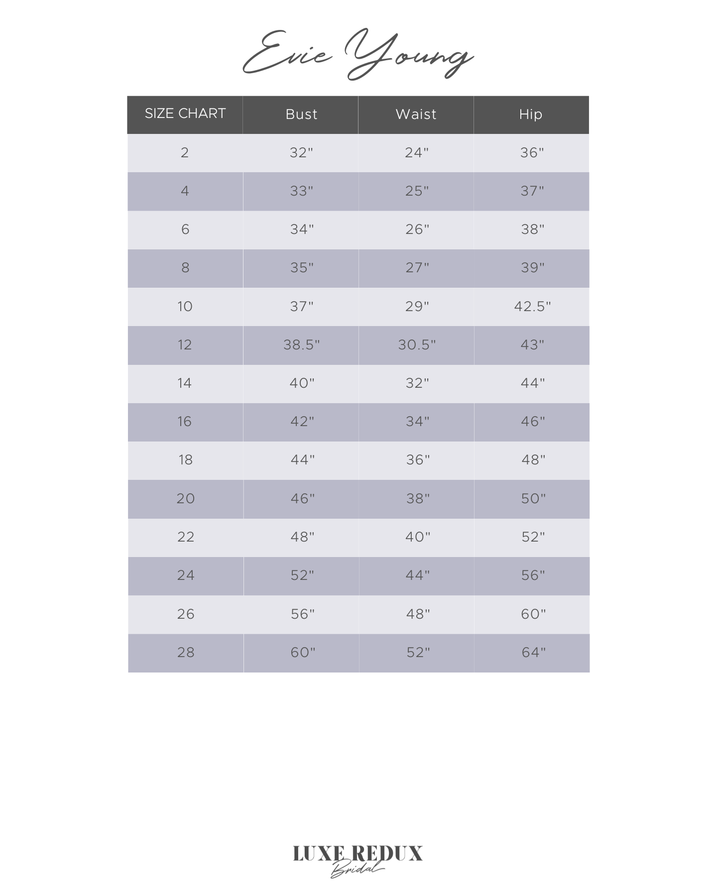 Evie Young Miller - Size 8 Size Chart