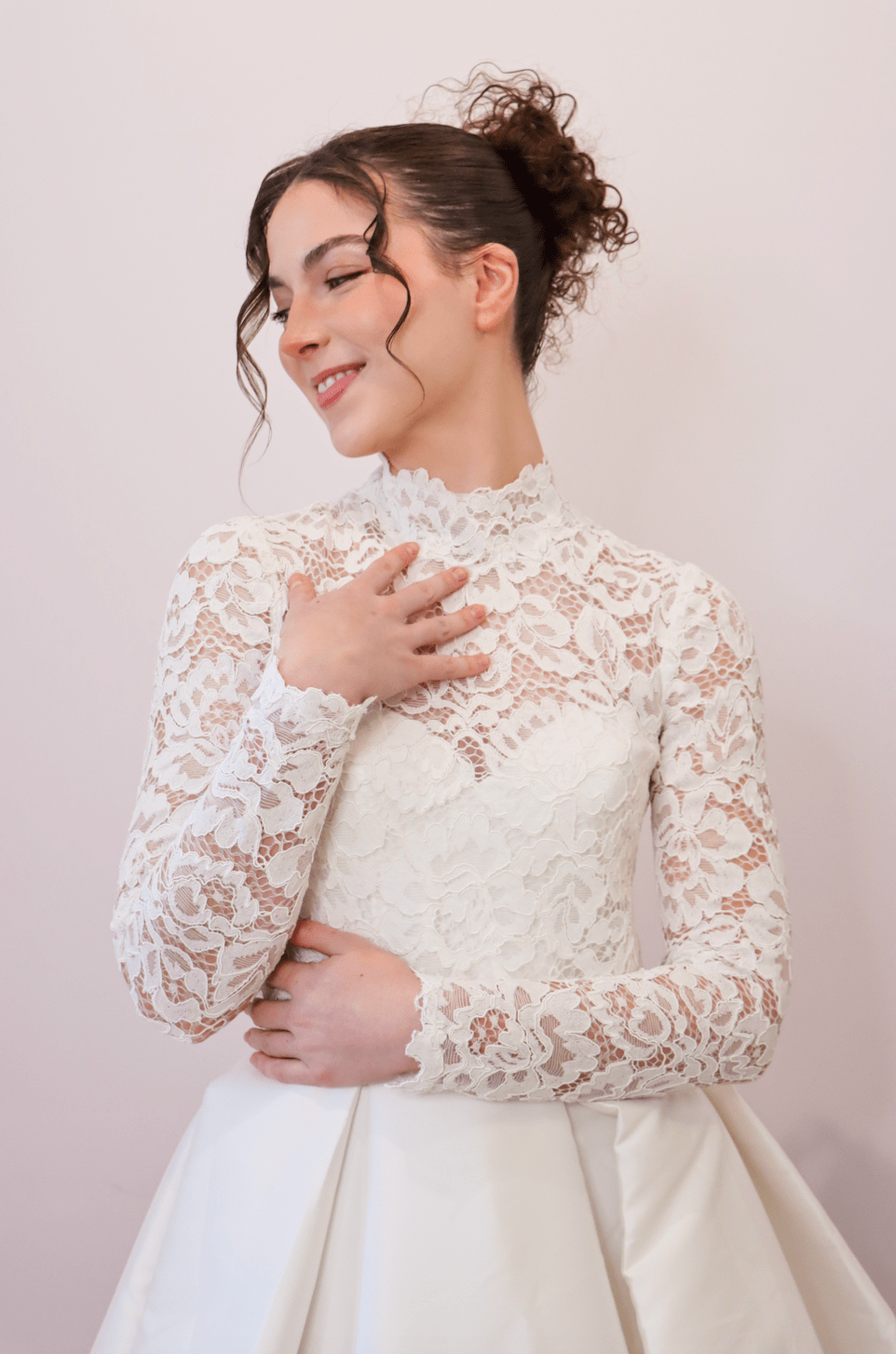 lace wedding dress topper Finley Wedding Dress Topper - Lace with High Neckline and Long Sleeves - Size Medium