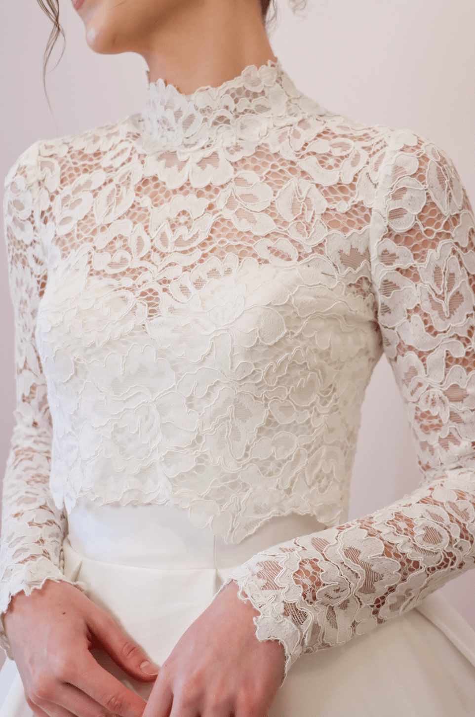 Finley Wedding Dress Topper - Lace with High Neckline and Long Sleeves - Size Medium - Luxe Redux Bridal Finley Wedding Dress Topper - Lace with High Neckline and Long Sleeves - Size Medium - Luxe Redux Bridal