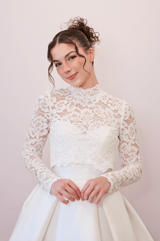 Finley Wedding Dress Topper - Lace with High Neckline and Long Sleeves - Size Medium - Luxe Redux Bridal