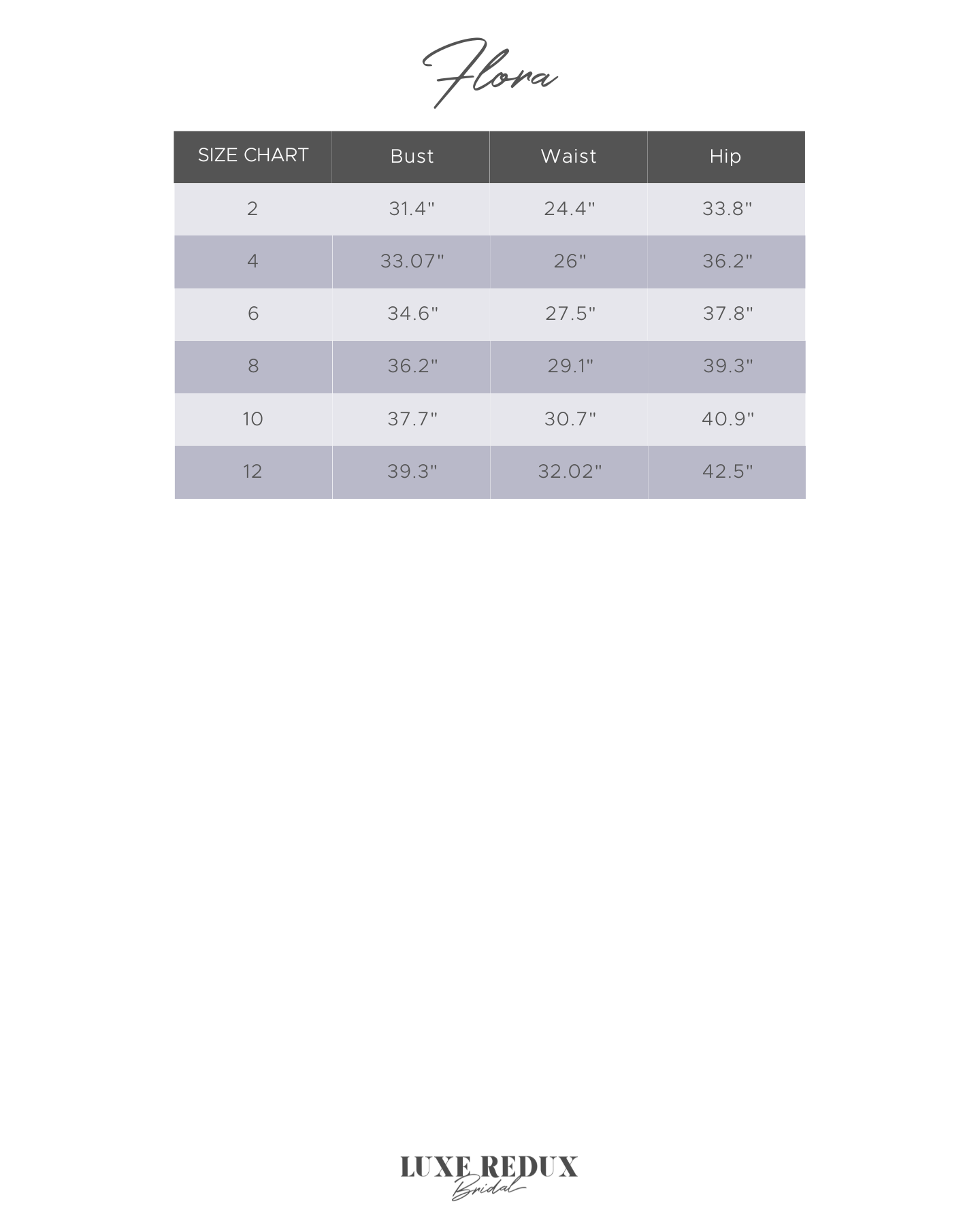 Flora Giselle - Size 6 Size Chart