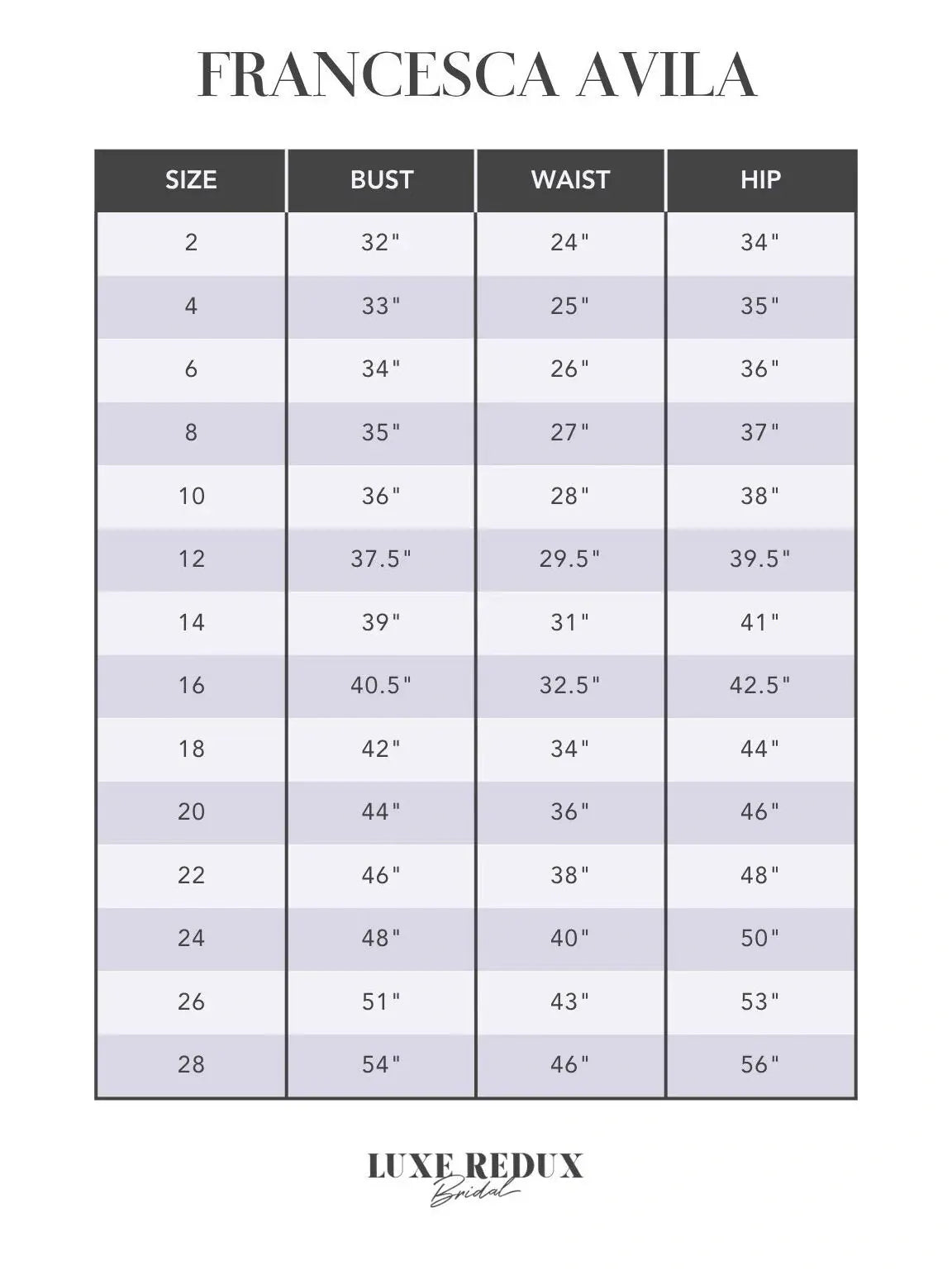 Kali by Francesca Avila Lilla - Size 12 Size Chart