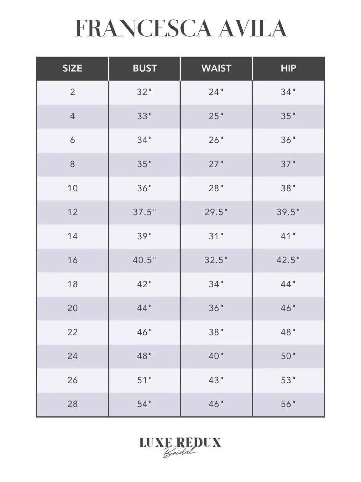 Kali by Francesca Avila Lilla - Size 12 Size Chart