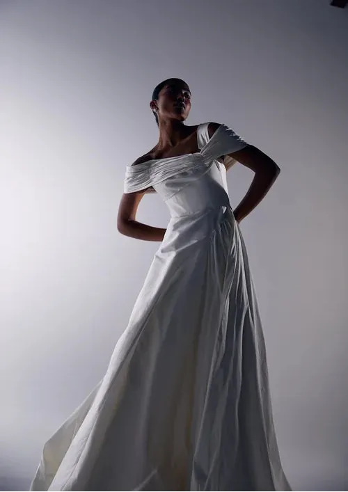 full front of georgia young gin and tonic ivory taffeta a-line wedding dress with an off the shoulder neckline and full skirt