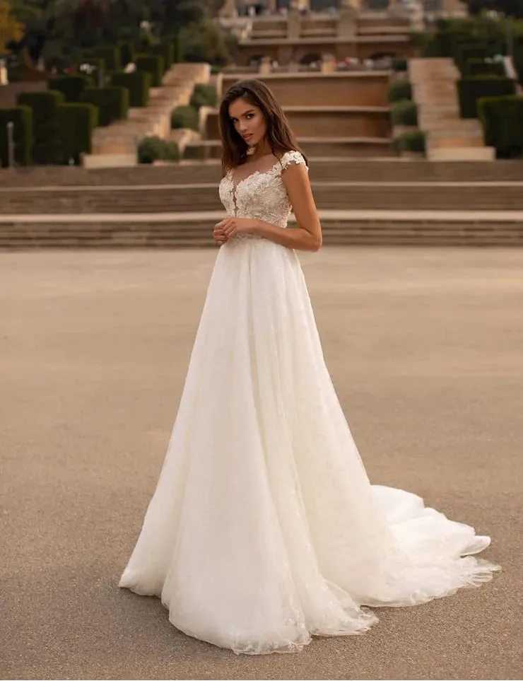 full front of giovanna alessandro celine beaded tulle a-line wedding dress with a sweetheart neckline and open back