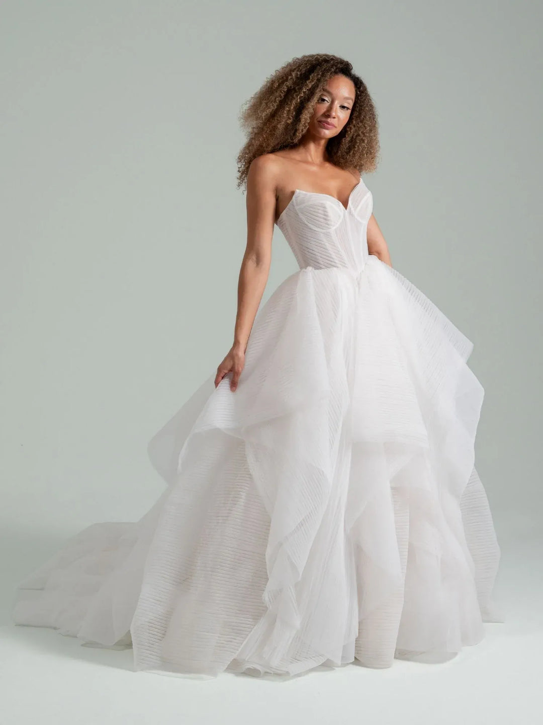 full front of hayley paige once i was a swan ivory tulle ball gown wedding dress with a cat eye bodice