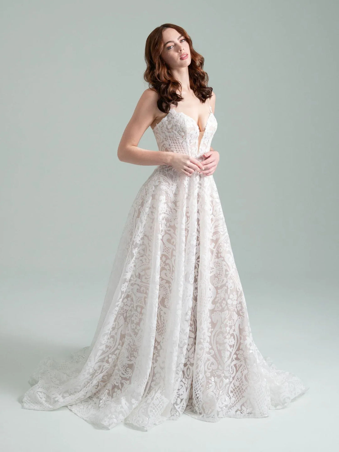 full front of hayley paige when i was the sky nude beaded lace a-line wedding dress, showing the deep v neckline, thin straps, and flowy skirt