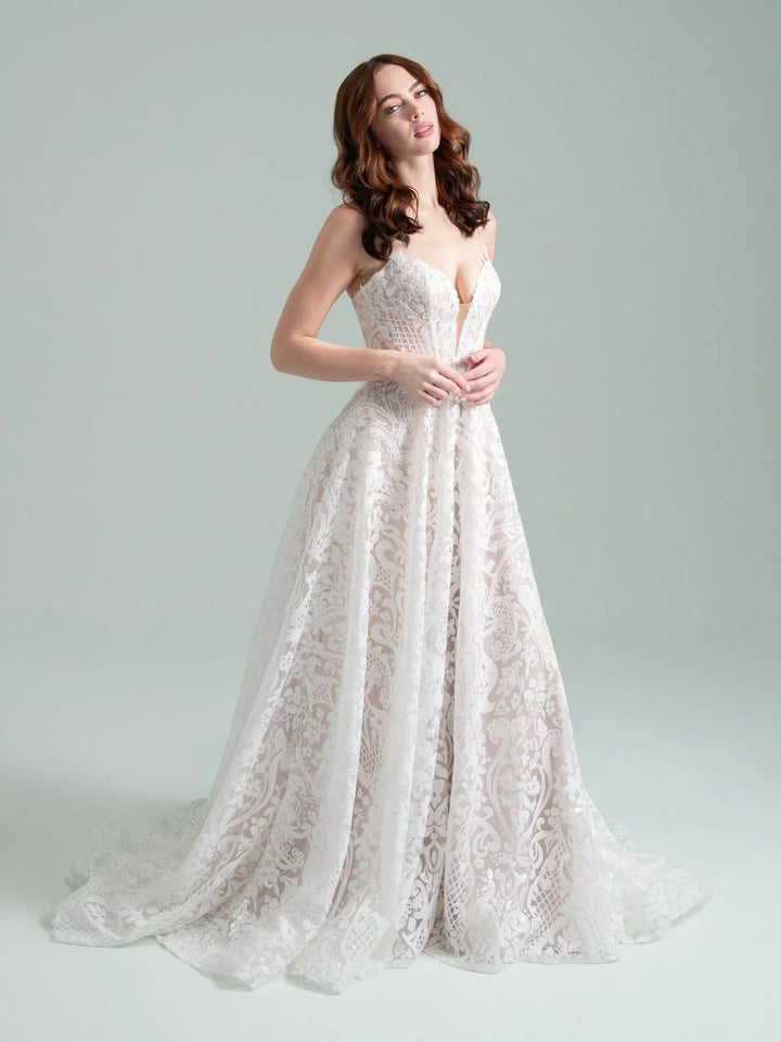 full front of hayley paige when i was the sky nude beaded lace a-line wedding dress, showing the deep v neckline, thin straps, and flowy skirt