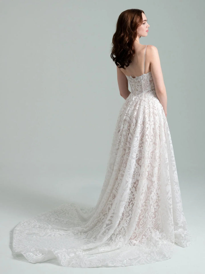 full back of hayley paige when i was the sky nude beaded lace a-line wedding dress, showing the thin straps and chapel length train