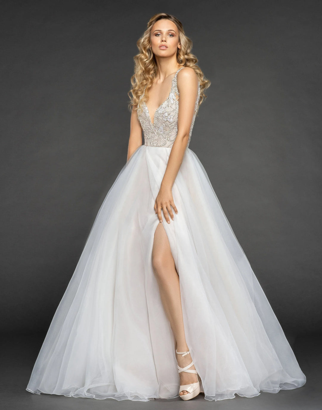 full front of hayley paige warren champagne tulle a-line wedding dress with a beaded bodice