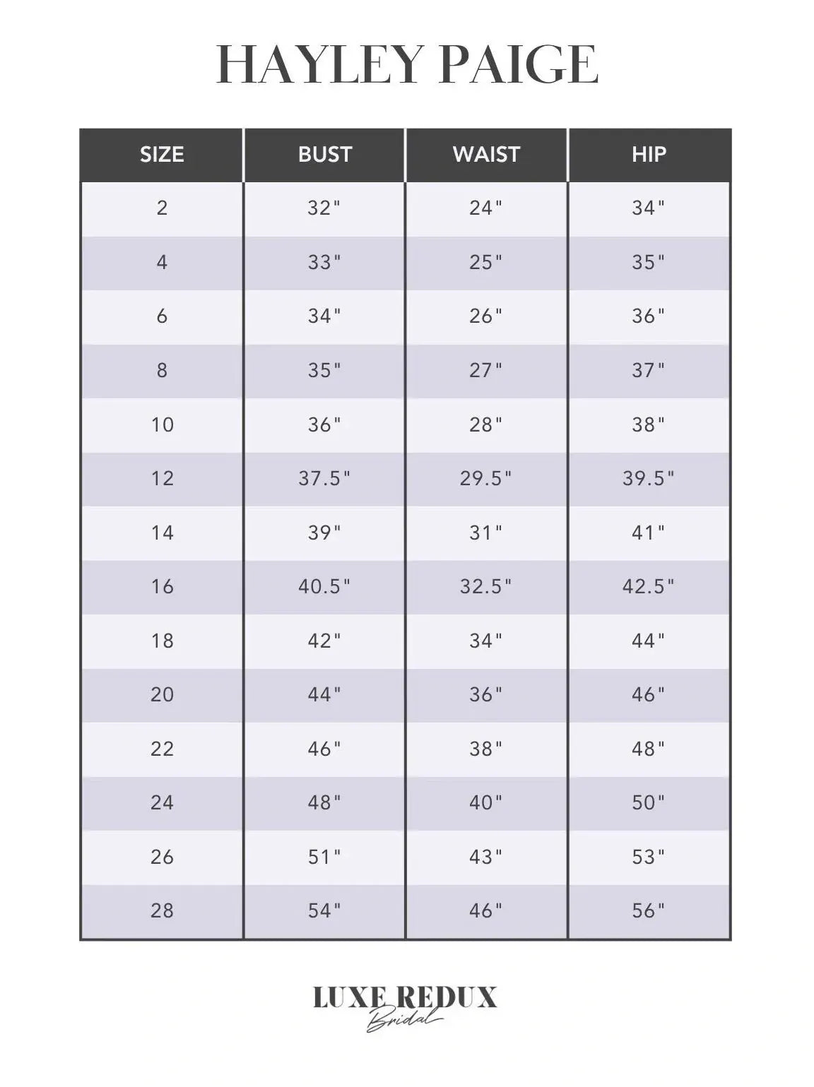 Blush by Hayley Paige Lanai 1653 - Size 6 Size Chart