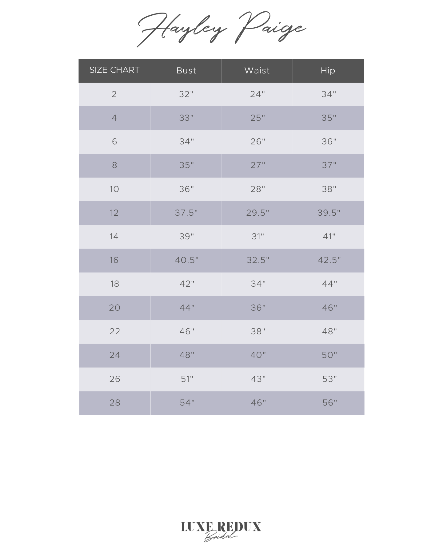 Hayley Paige Byrdie 62106 - Size 10 Size Chart