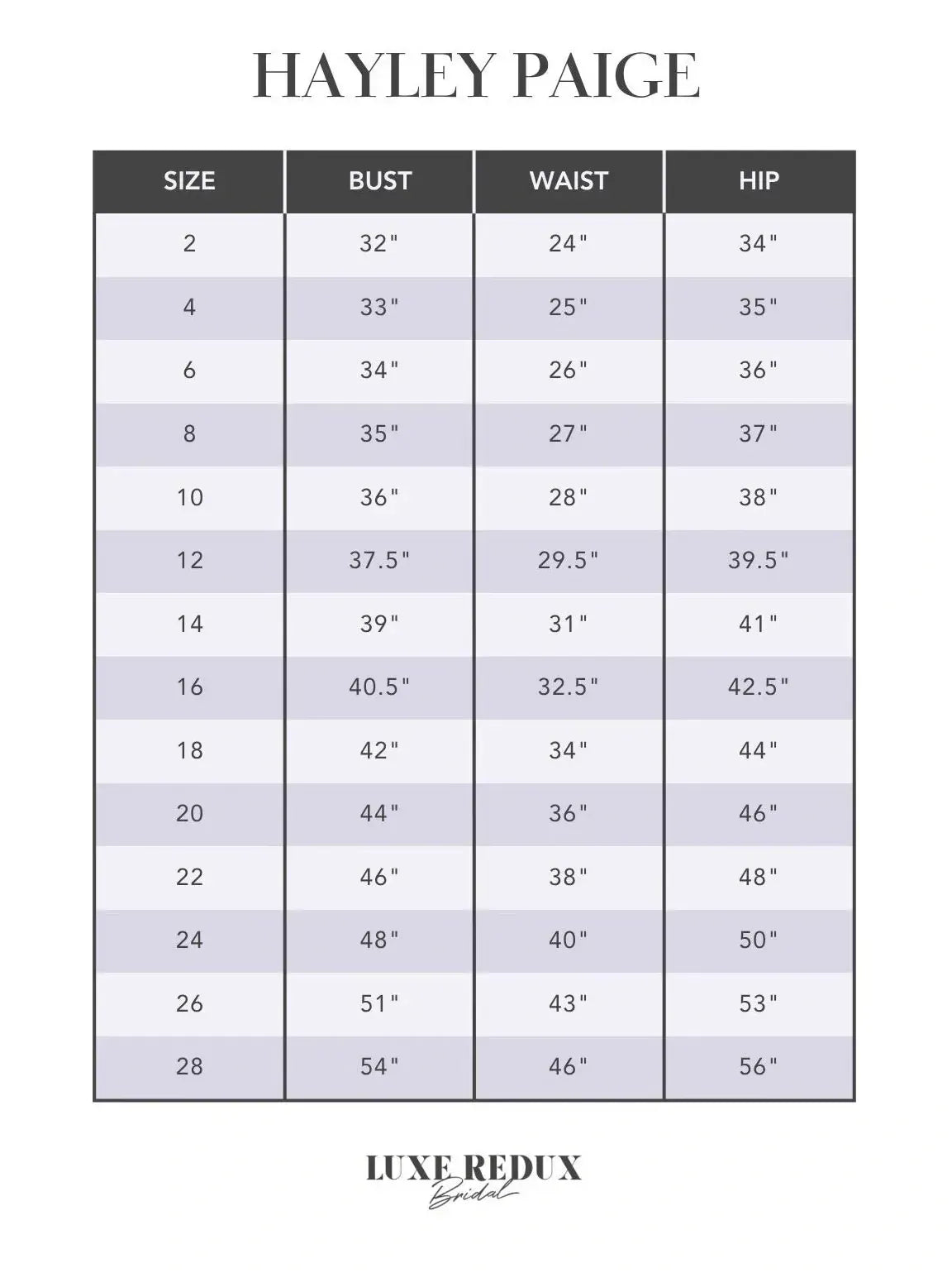 Blush by Hayley Paige Ford - Size 12 Size Chart