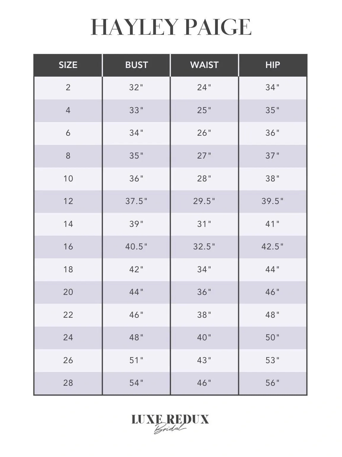 Hayley Paige Anam Cara - Size 12 Size Chart
