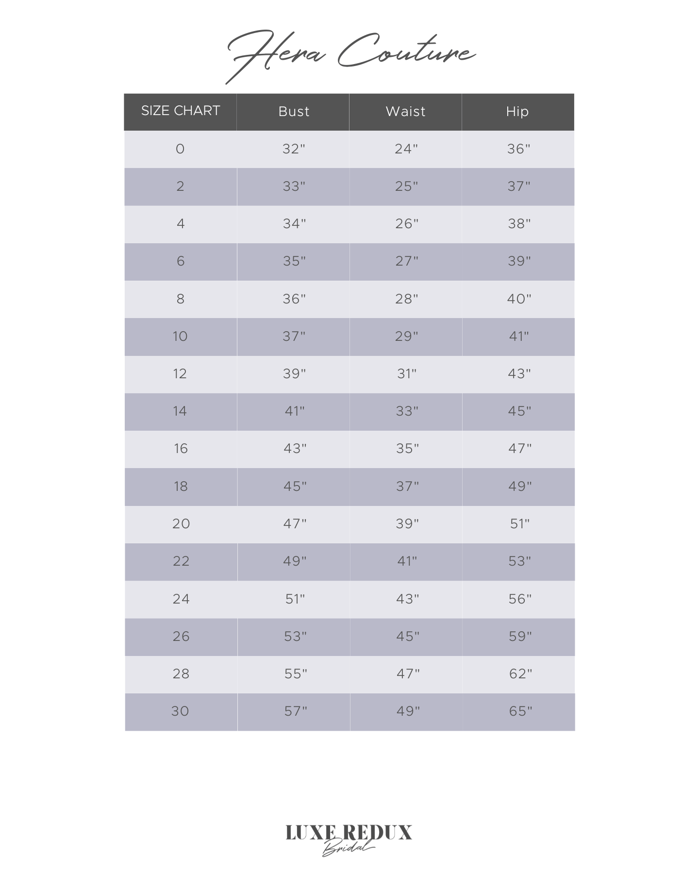 Hera Couture Le Belle - Size 16 Size Chart