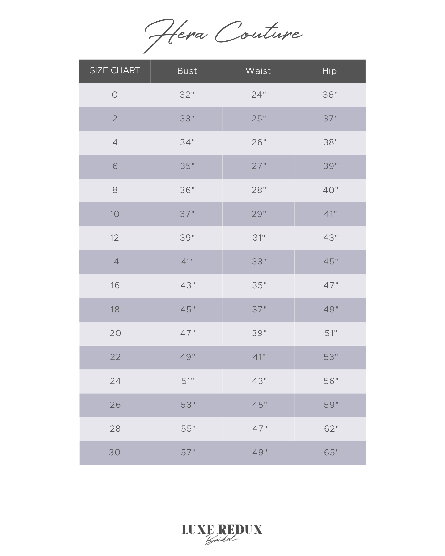 Hera Couture Cleo - Size 16 Size Chart