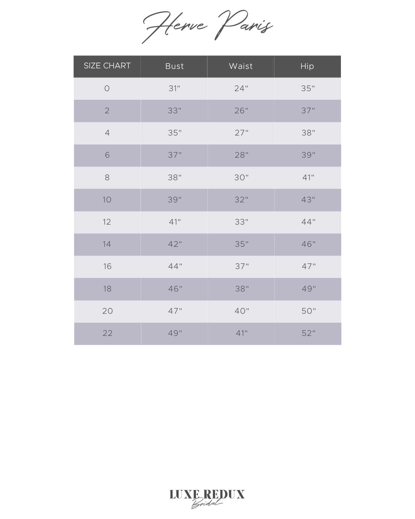 Herve Paris Cato - Size 6 Size Chart