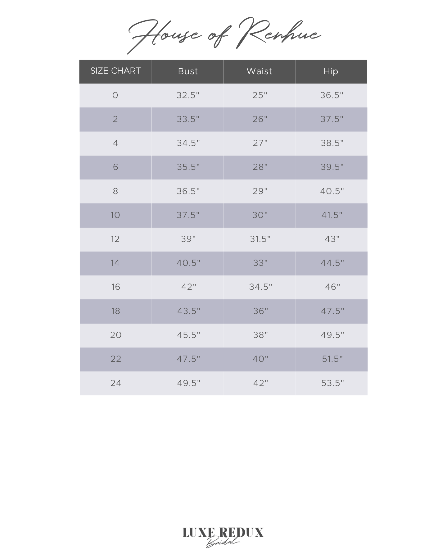 House of Renhue Bae - Size 6 Size Chart